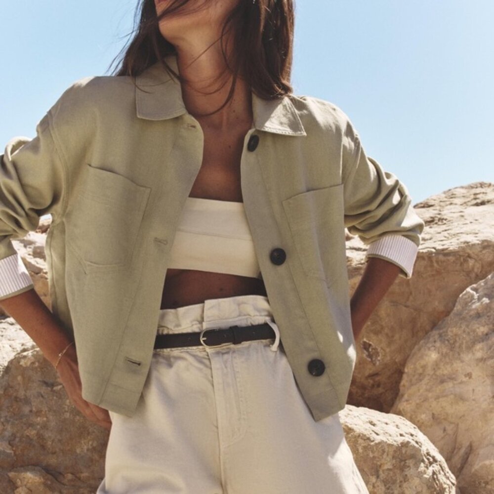 Zara khaki light green linen blend short jacket NWT